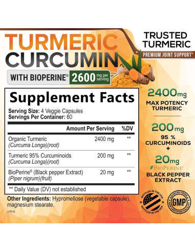 Suplemento de Cúrcuma Curcumina 2600mg con BioPerine 240 Cápsulas
