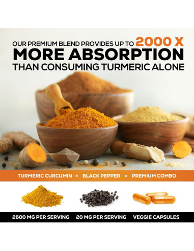 Suplemento de Cúrcuma Curcumina 2600mg con BioPerine 240 Cápsulas