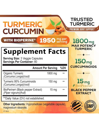 Suplemento de Cúrcuma Curcumina 1950mg - 240 Cápsulas Veganas
