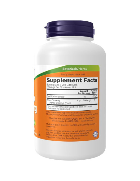 Suplemento de Ginseng Panax NOW Foods 500 mg 250 Cápsulas Veganas