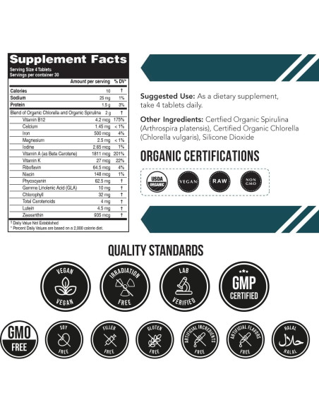 Tabletas de Espirulina y Clorella Orgánicas Triquetra Health - 120 Unidades