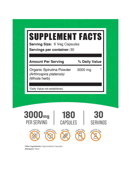 Cápsulas de Spirulina BulkSupplements 3000mg - 180 Veganas