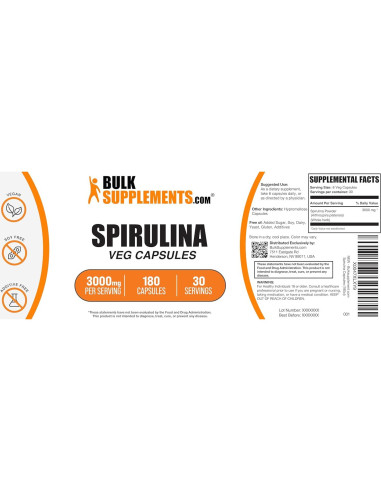 Cápsulas de Spirulina BulkSupplements 3000mg - 180 Veganas
