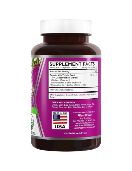 Cápsulas de Cardo Mariano Orgánico FarmHaven 120 Unidades 30X