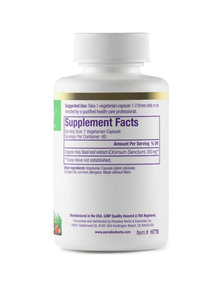 Suplemento de Albahaca Sagrada Orgánica Paradise Herbs 60 Cápsulas