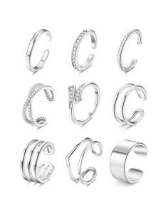 Conjunto de 9 Anillos Ajustables JeryWe para Mujeres Plata