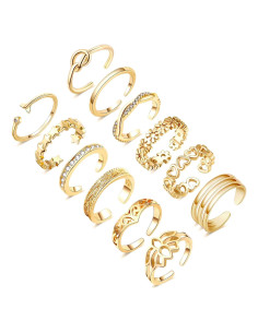 Conjunto de 12 Anillos Ajustables Honsny para Mujeres Oro 14K