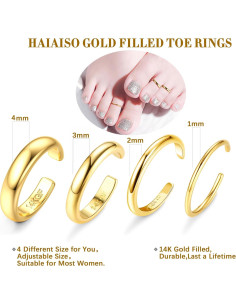 Anillos para dedos del pie de oro 14K HAIAISO - Ajustables 1mm, 2mm, 3mm 2