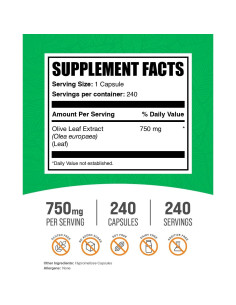 Cápsulas de Extracto de Hoja de Olivo BulkSupplements 750mg - 240 Veganas 2