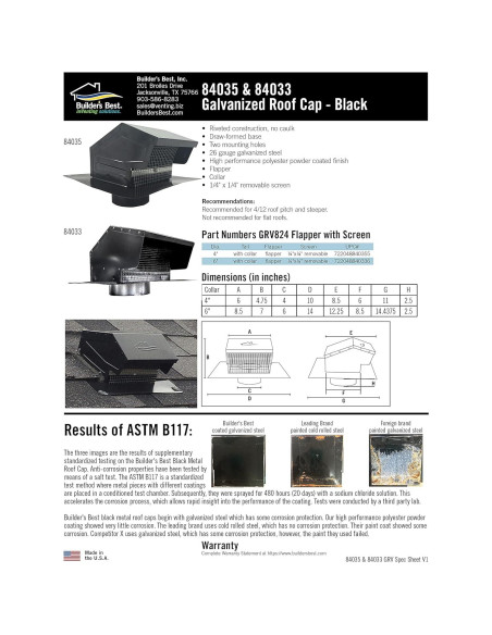 Tapa de Ventilación de Techo Builder's Best 84033 15.24 cm Negro