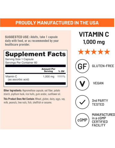 NatureWise Vitamina C 1000mg Vegana - 60 Cápsulas Antioxidantes