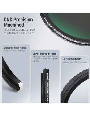 Filtro ND Variable NEEWER 37mm HD 1-5 Pasos Anti Rayones