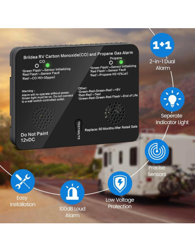 Detector de Monóxido de Carbono y Gas Propano Briidea 12V