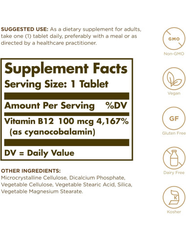 Vitamina B12 100 mcg Solgar - 100 Tabletas Veganas y Sin Gluten