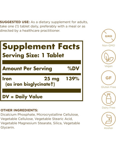 Solgar Hierro Quelado 100 Tabletas - Suave para Estómago - Vegano