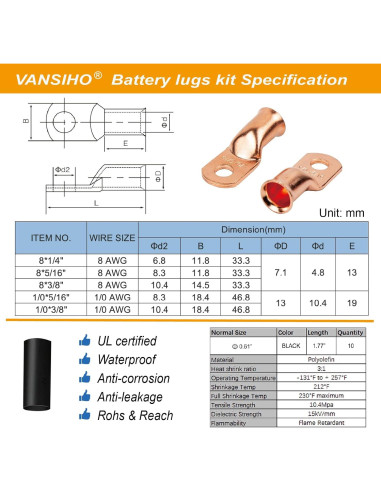 Terminales de Batería VANSIHO 8 AWG con Tubos Termocontraíbles