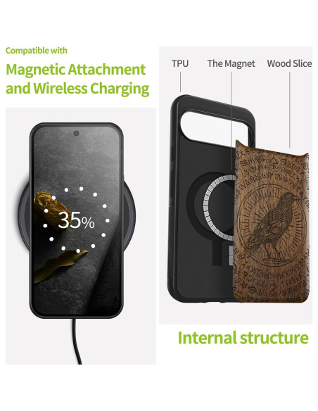 Funda de Madera Magnética Carveit para Google Pixel 9 - Cuervo Haloado Funda de Madera Magnética Carveit para Google Pixel 9 - Cuervo Haloado