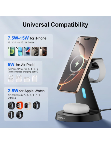 Estación de Carga Inalámbrica 3 en 1 Augnner 15W para iPhone