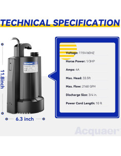 Bomba de Agua Sumergible Acquaer 1/3 HP 8175 L/h Automática 2