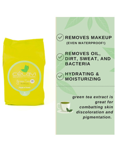 Toallitas Desmaquillantes Celavi Té Verde - 2 Paquetes de 60 Hojas