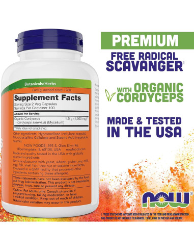 Suplemento de Cordyceps NOW Foods 200 Cápsulas 750 mg