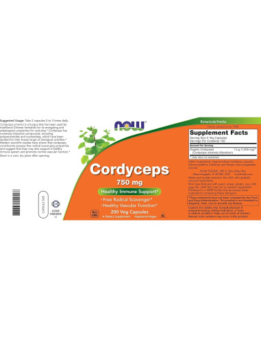 Suplemento de Cordyceps NOW Foods 200 Cápsulas 750 mg