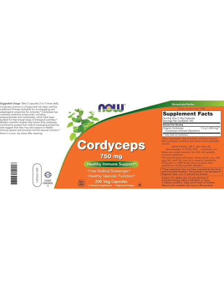 Suplemento de Cordyceps NOW Foods 200 Cápsulas 750 mg