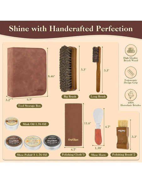 Kit de Cuidado de Zapatos 13PC - Cera y Cepillos de Pelo de Caballo