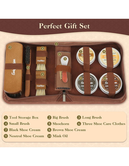 Kit de Cuidado de Zapatos 13PC - Cera y Cepillos de Pelo de Caballo