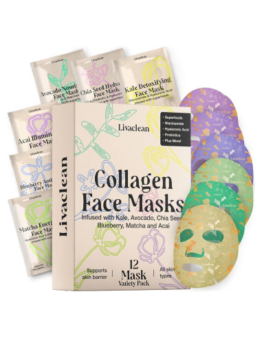 Mascarillas Faciales LivaClean 12 Unidades Hidratantes Colágeno