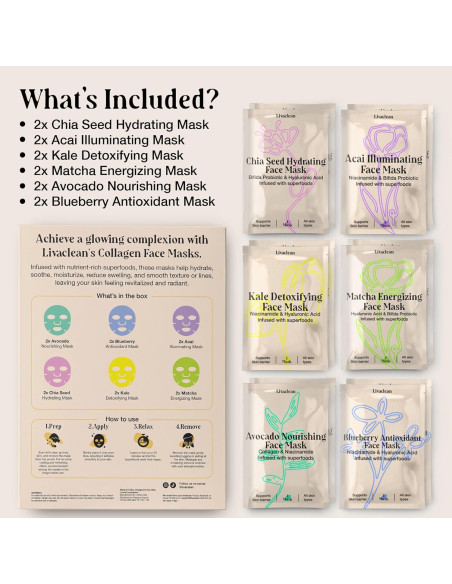 Mascarillas Faciales LivaClean 12 Unidades Hidratantes Colágeno