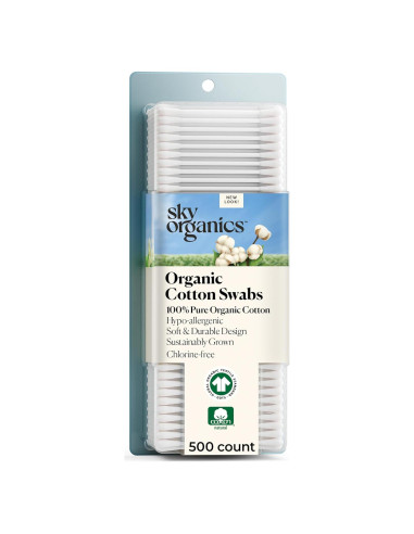 Bastones de Algodón Orgánico Sky Organics 500 Unidades Hipoalergénicos