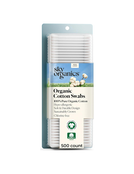 Bastones de Algodón Orgánico Sky Organics 500 Unidades Hipoalergénicos