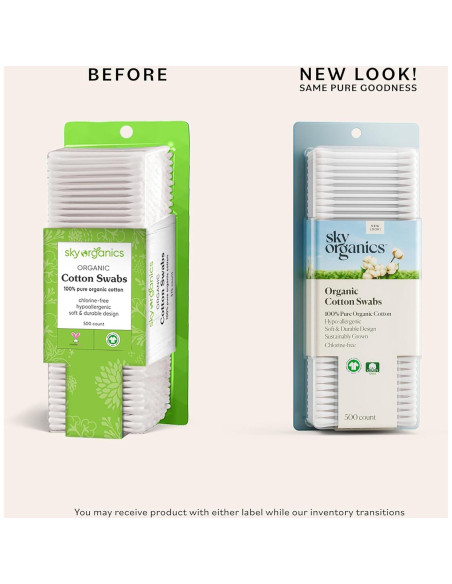 Bastones de Algodón Orgánico Sky Organics 500 Unidades Hipoalergénicos