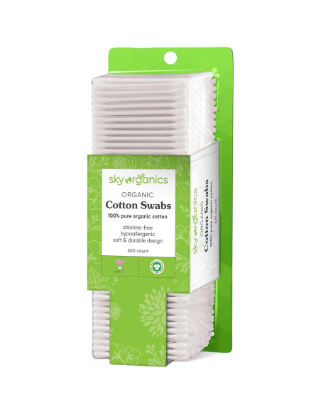 Bastones de Algodón Orgánico Sky Organics 500 Unidades Hipoalergénicos