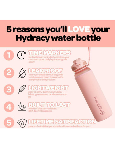 Botella de Agua Hydracy Coach 1L con Marcador de Tiempo Oro Rosa