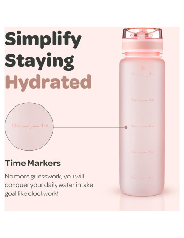 Botella de Agua Hydracy Coach 1L con Marcador de Tiempo Oro Rosa
