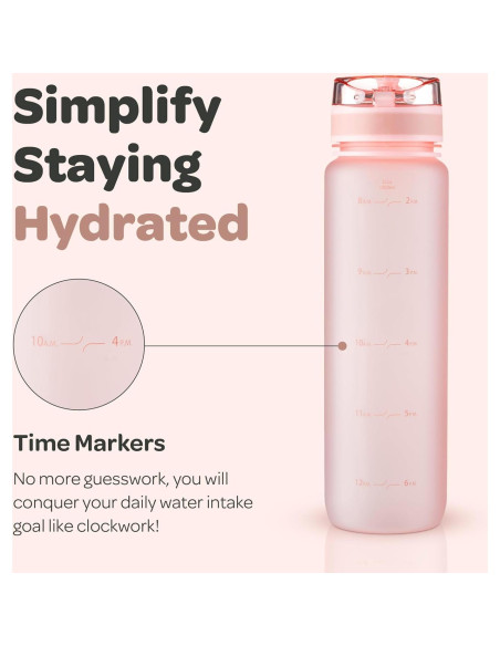 Botella de Agua Hydracy Coach 1L con Marcador de Tiempo Oro Rosa