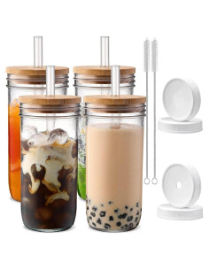 Vasos de vidrio DWTS DANWEITESI 24 oz con tapa y popote - 4 unidades