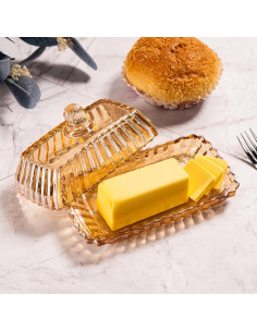 Plato de Mantequilla de Vidrio QIANCHANG Champagne con Tapa 2