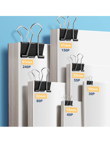 208 Clips de Carpeta de Metal EFOK en 6 Tamaños Negros