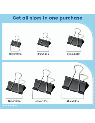 208 Clips de Carpeta de Metal EFOK en 6 Tamaños Negros