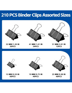 BainGesk 210 Clips de Encuadernación Metal Negro Tamaños Variados 2