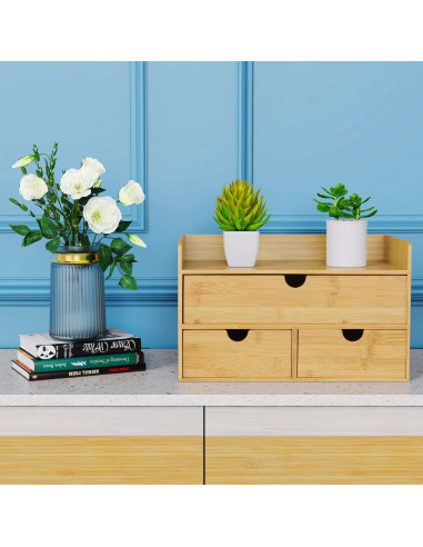 Organizador de Escritorio Wisuce de Bambú con 3 Cajones y Estante