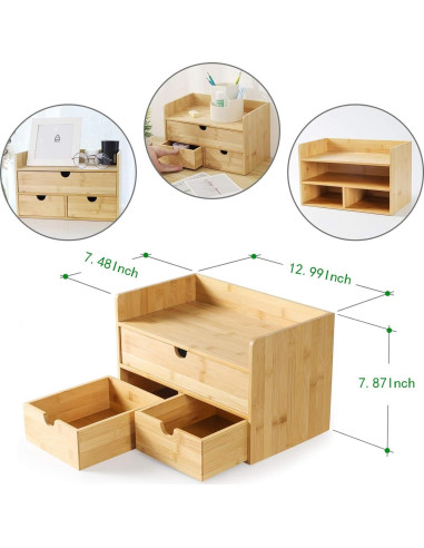 Organizador de Escritorio Wisuce de Bambú con 3 Cajones y Estante