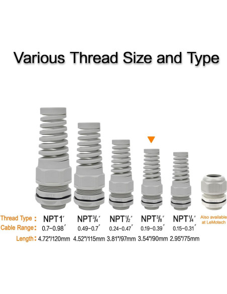 LeMotech 10 Piezas Glandes de Cable NPT 3/8" IP68 Nylon Gris