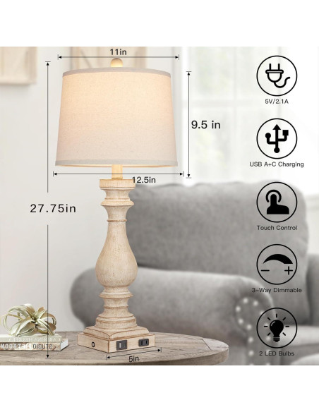 Juego de 2 Lámparas de Mesa Vintage Cinkeda con USB 73.66 cm