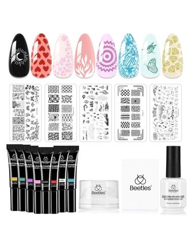 Kit de Estampado de Uñas Beetles 16 Piezas con Gel y Plantillas