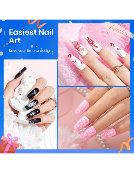 Kit de Estampado de Uñas Beetles 16 Piezas con Gel y Plantillas