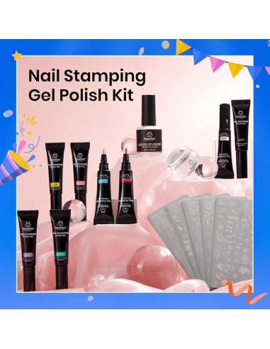 Kit de Estampado de Uñas Beetles 16 Piezas con Gel y Plantillas